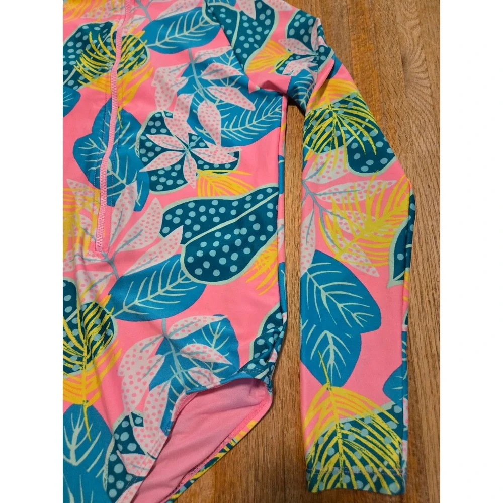 Girls 10 Floral Tropical Long Sleeve One Piece Rash Guard Zip Front Swimsuit